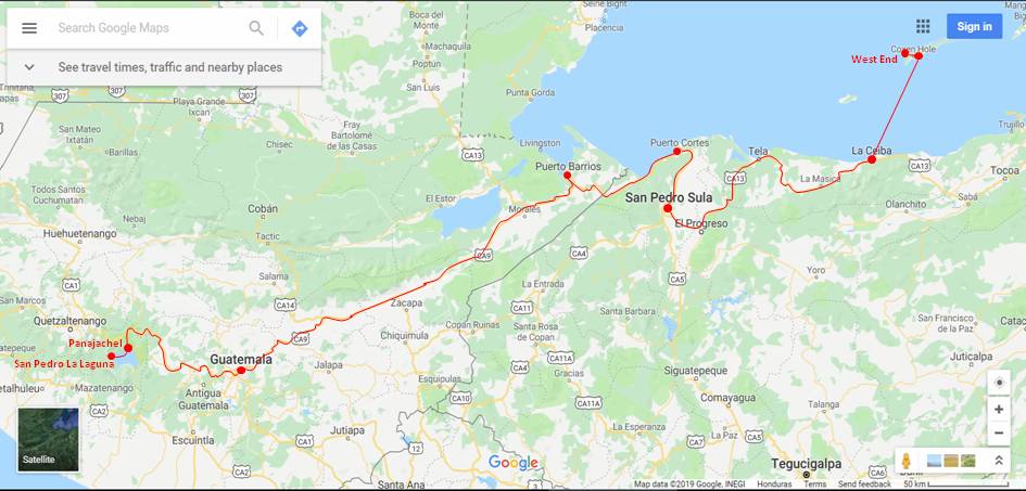 Lake Atitlan to Roatan Island Map