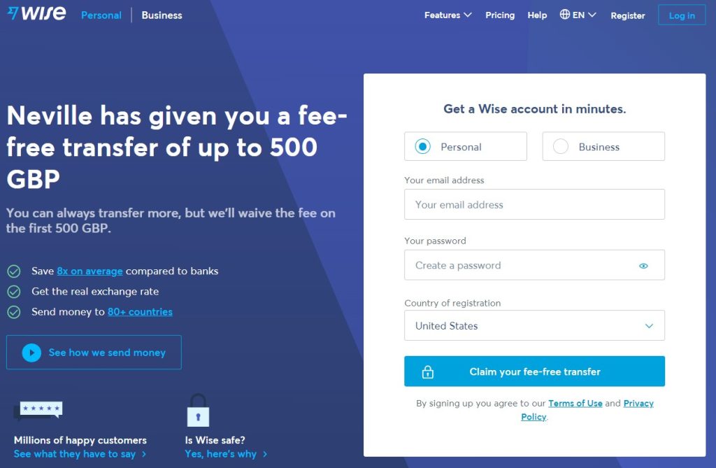 Wise Sign Up Screen